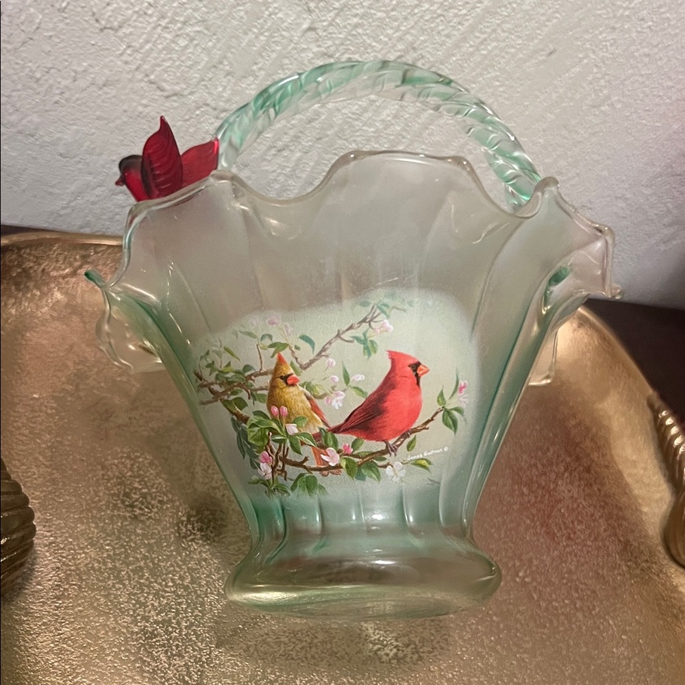 #1568**Elegant Glass Basket with Red Bird Accent. Accepting Reasonable Offers - Picture 4 of 15